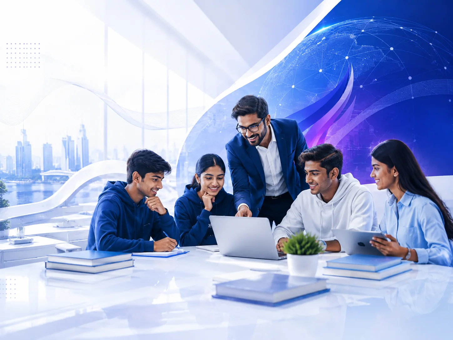 A mentor guiding young learners in a collaborative modern environment