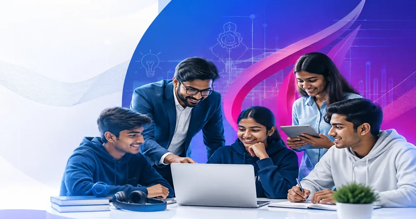 Young people learning together with a mentor and modern tools